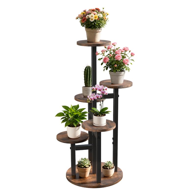 Iron Wood 5-Tier Plant Stand Round Corner Flower Shelf Indoor Outdoor