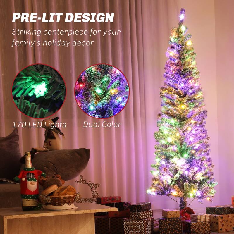 6/7.5/9FT Pre-Lit Flocked Pencil Artificial Christmas Tree with Dual Color LED Lights & Metal Stand