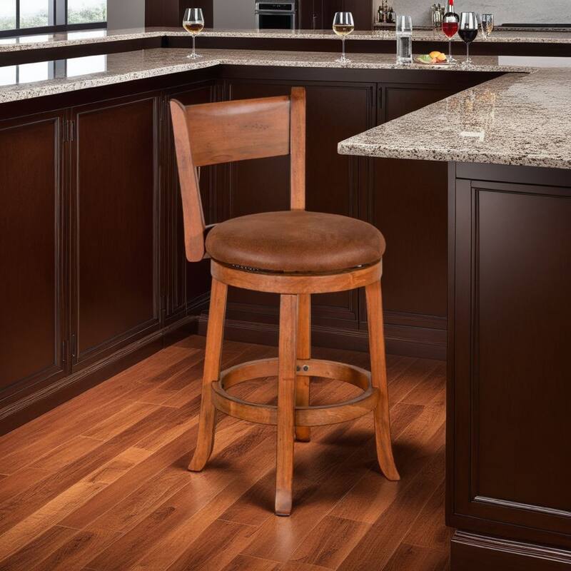 Marv Swivel Counter Height Chair Set of 2, Brown Faux Leather, Wood