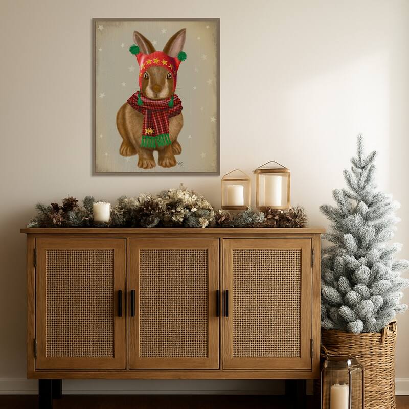 Bunny and Bobble Hat by Fab Funky (23 x 28 in.), Framed Canvas Wall Art Print - Sylvie Dark Gold