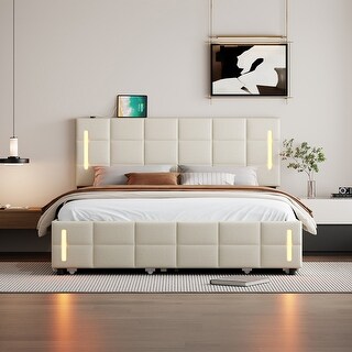 Queen Size Upholstered Platform Bed with Twin Size Trundle Wood Bed Frame & Drawers Storage Bed for Kids Teens Adults, Beige