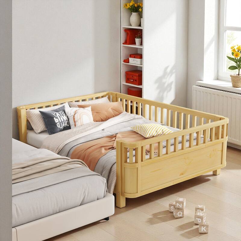 Wood Twin/Full Size Platform Bed with Safety Rails, Low Profile Kids Bed Frame for Girls and Boys