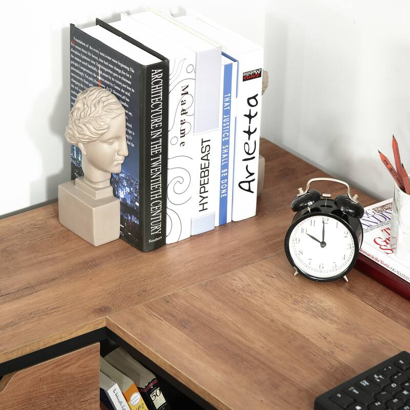 Industrial L Shaped Corner Office Desk with 2 Storage Drawers and Shelves for Compact Home Office or Studio