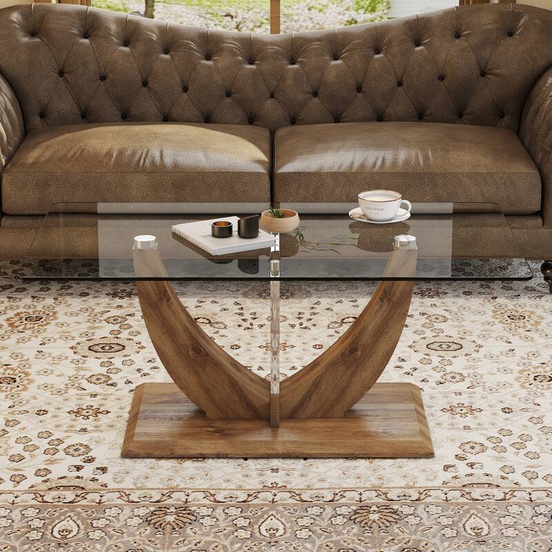 Modern Minimalist Transparent Tempered Glass Coffee Table With Wooden Mdf Legs