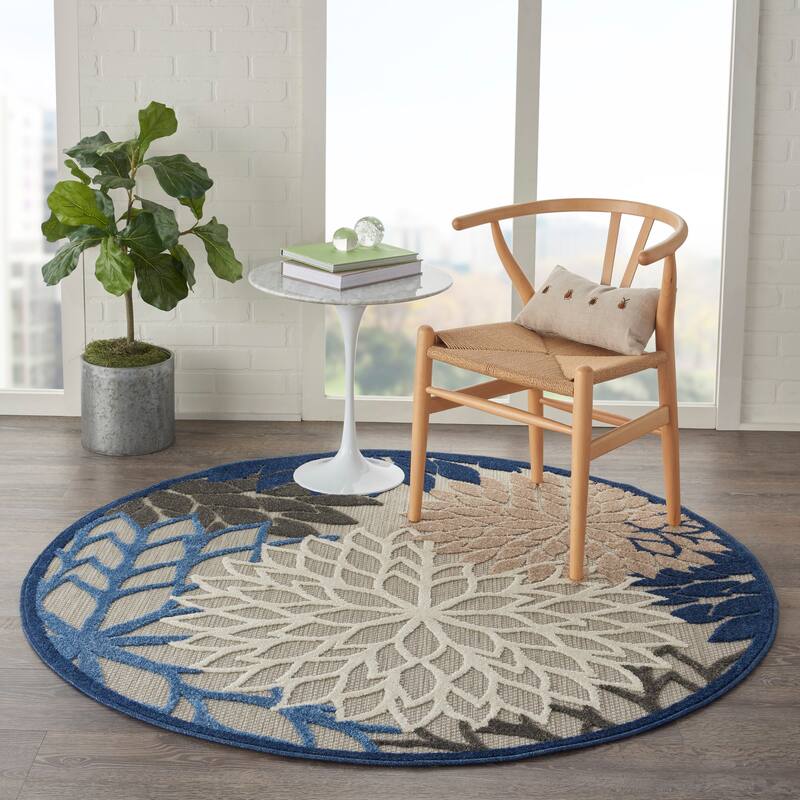 Nourison Aloha Floral Modern Indoor/Outdoor Area Rug - 4' Round - Blue/Grey