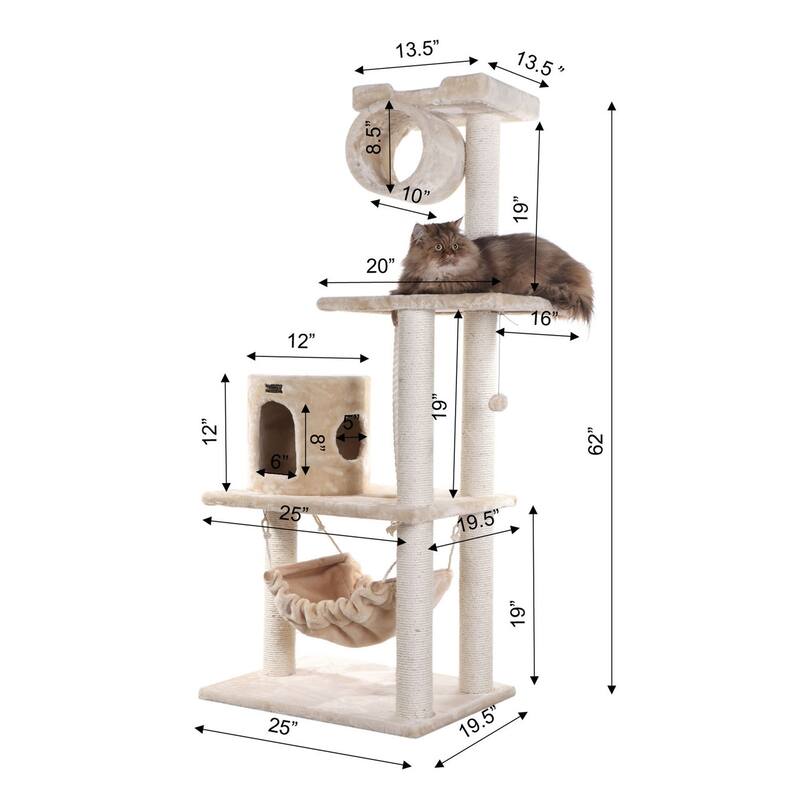 62" Real Wood Cat Tree With Scratch posts, Hammock - Beige