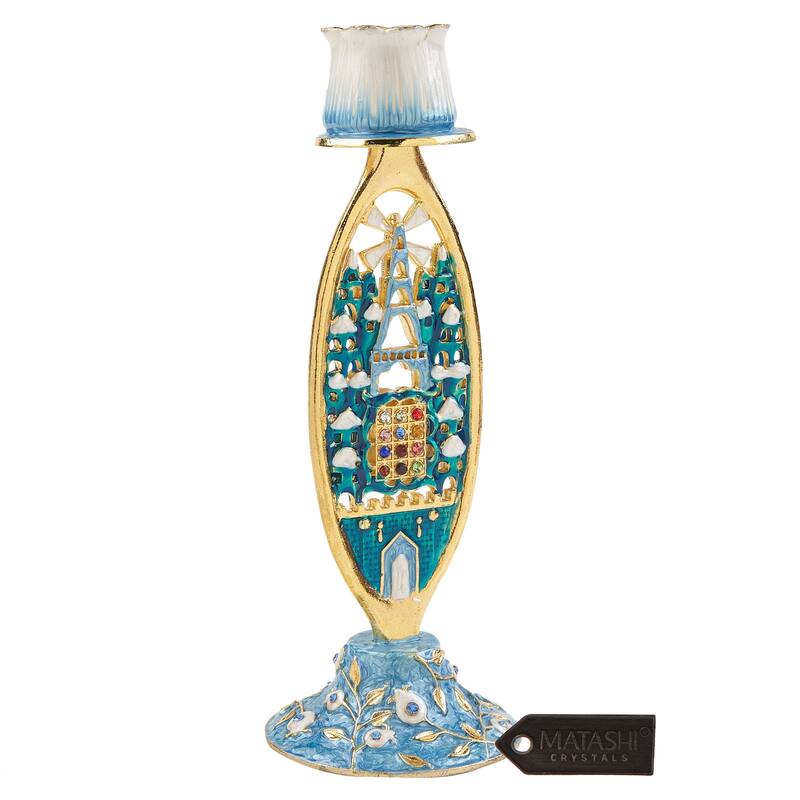 Matashi Shabbat Candlestick (2-Piece Set), Gold-Plated Pewter Adorned w/ Jerusalem Cityscape & Priestly Breastplate Design