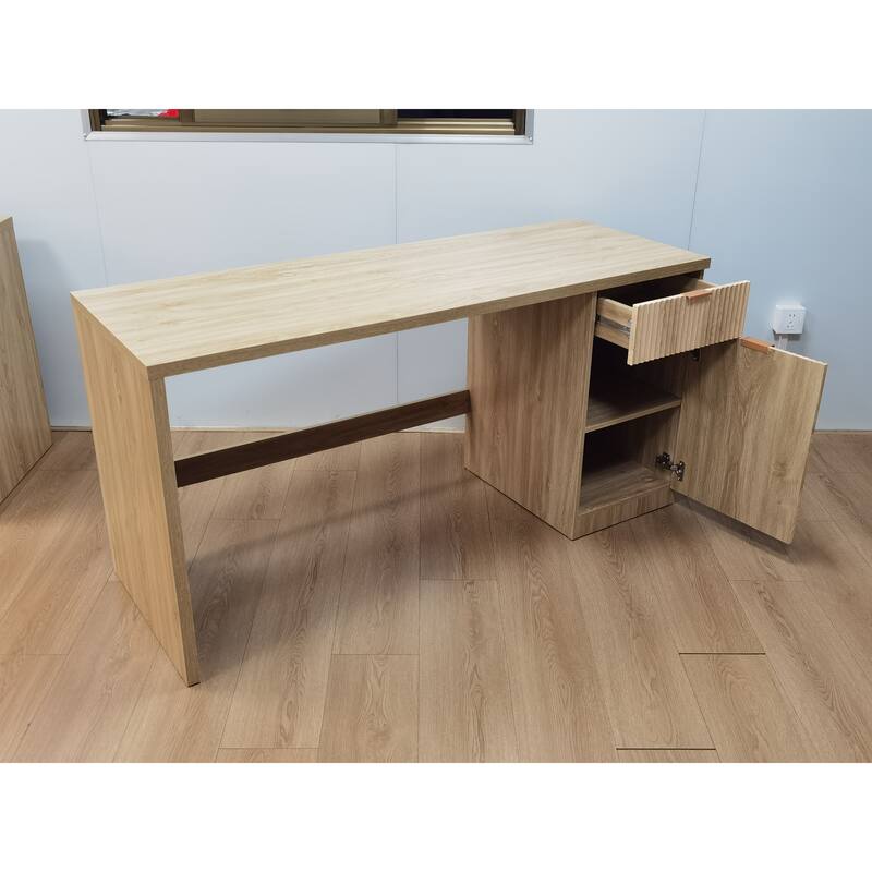 60" Executive Desk with Storage, Modern Home Office Desk with Drawer & Cabinet, Wood Fluted Computer Desks