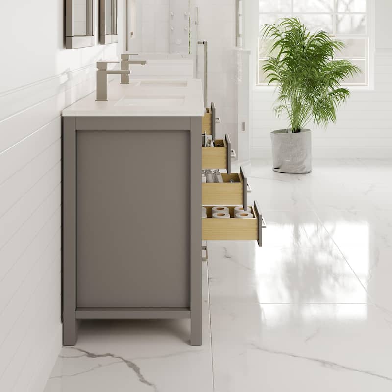 Eviva London 60"W Gray DS Bath Vanity with White Carrara Quartz Top