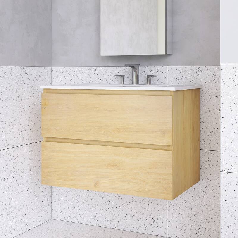 Floating Integrated Bathroom Vanity with Ceramic Sink, Three Faucet Holes