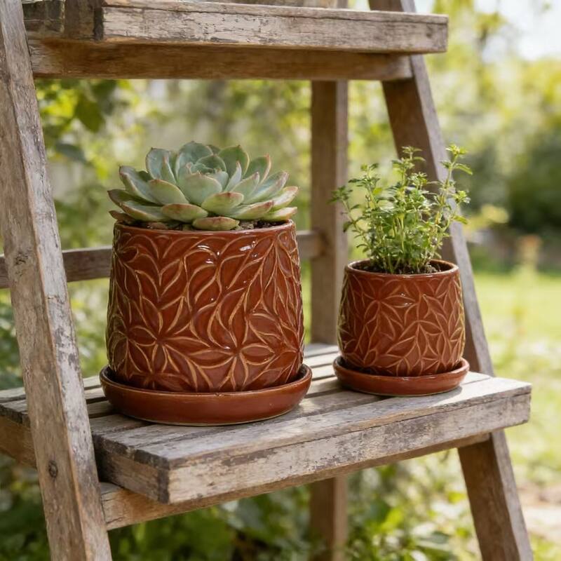 Set of 2 Handmade Modern Embossed Leaf Ceramic Planters with Saucers - Rust Red