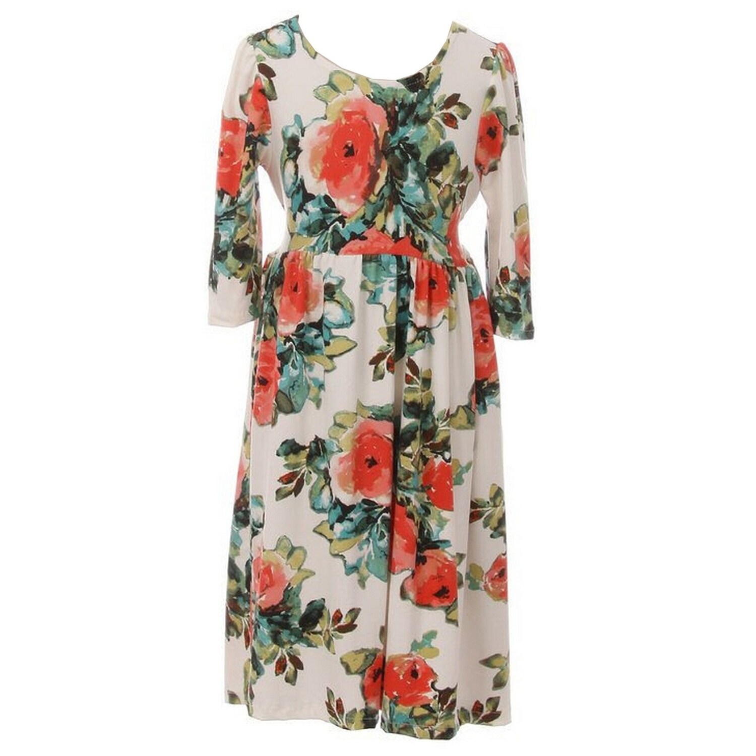 Shop Big Girls White Big Flower Print 3 Quarter Sleeve Casual