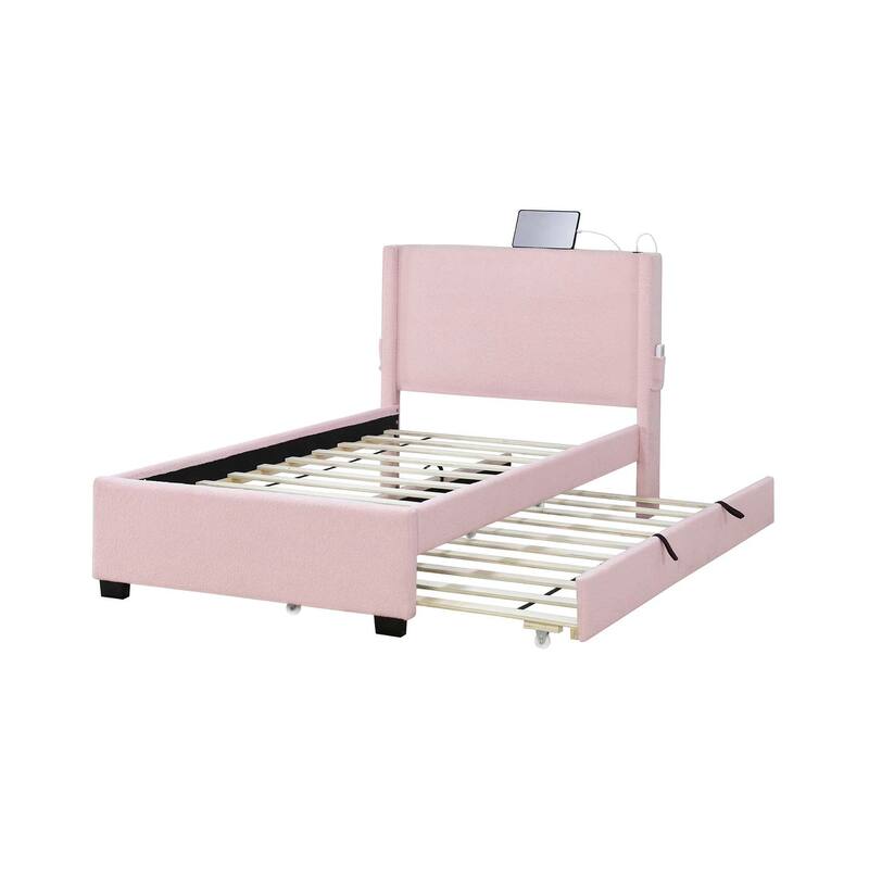 Twin SIZE UPHOLSTERED BED FRAME WITH TRUNDLE BED, TEDDY FABRIC, USB FUNCTIONALITY, AND A POCKET DESIGN ON THE SIDE