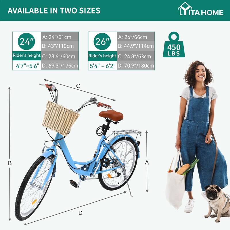 Moasis24/ 26" 7-speed Cruiser Bike Adjustable Step Through Bike Commute Bike Bicycle