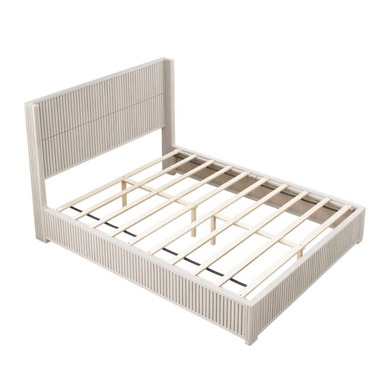 GDFStudio - Modern Solid Wood Low-Profile Platform Bed Frame with Fluted Headboard, Heavy-Duty Support & No Box Spring Needed