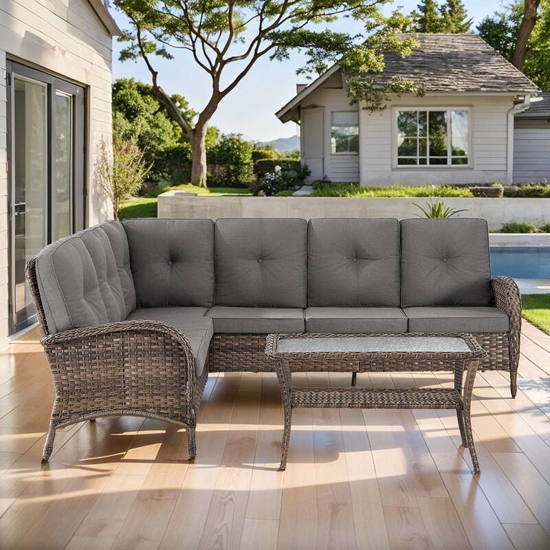 Gymojoy L-Shaped Outdoor Sectional Sofa Set, PE Wicker Couch with Water-Resistant Olefin Cushions - 2-Piece - Grey