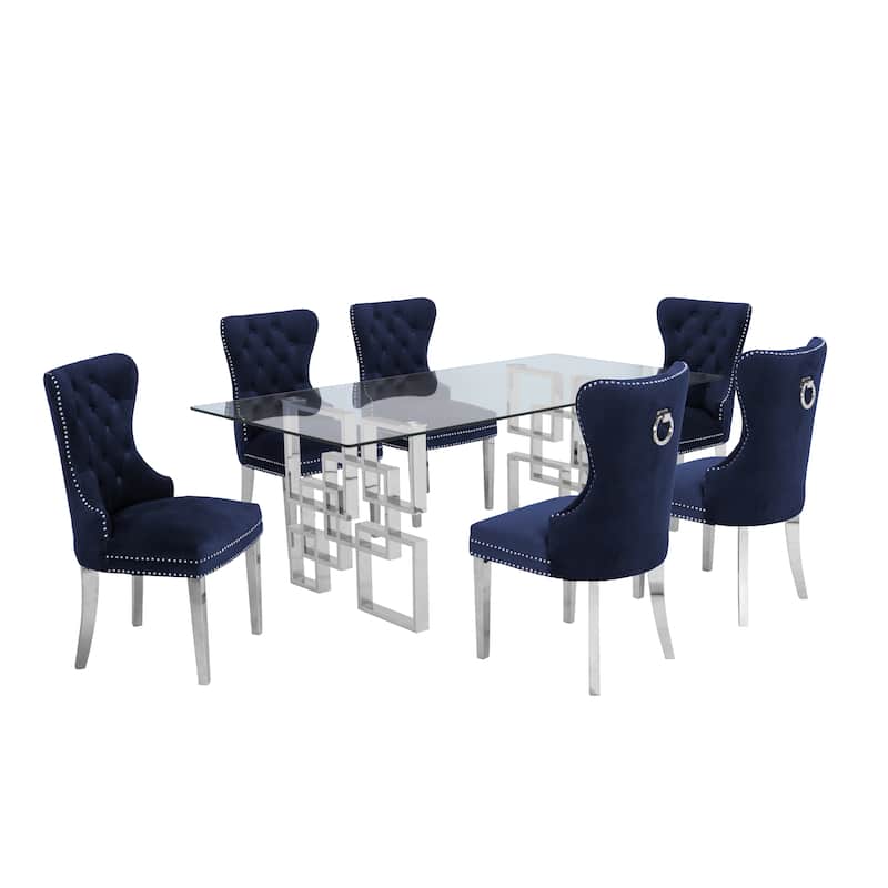 Best Quality Furniture 7-Piece Stainless Steel Nailhead Trim Dining Set - Navy Blue