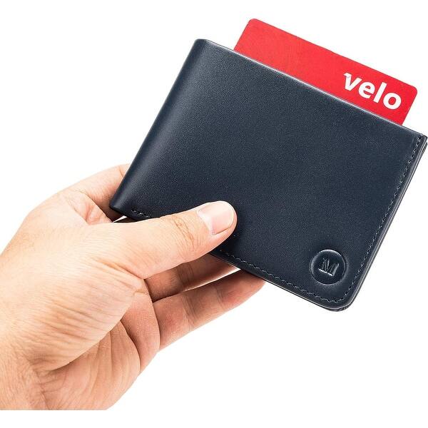 slide 2 of 6, Genuine Calf Leather Slim Bifold RFID Wallet Card Holder Minimalist Secret Pocket (Bi-Fold) - 2-Tier Blue - 2-Tier