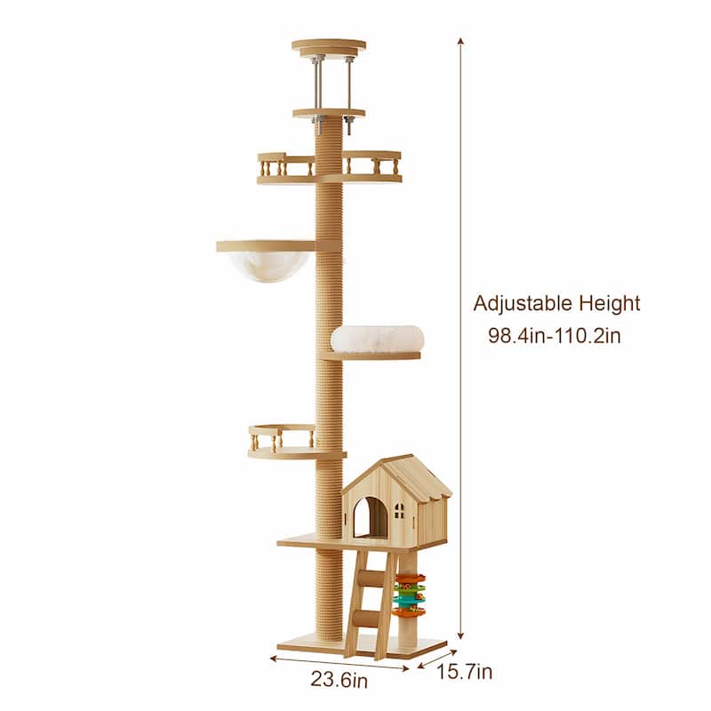 Anmytek Floor to Ceiling Cat Tree Adjustable Height Cat Tower with Scratching Post Wood Cat Condo Cave Bed Hammock