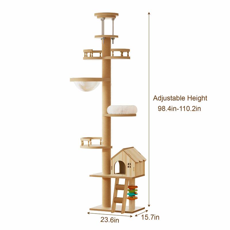 Floor to Ceiling Cat Tree, Cat Tower with Scratching Post, Adjustable Height(98-110 Inch), Large Wood Condo Cave Bed - Natural