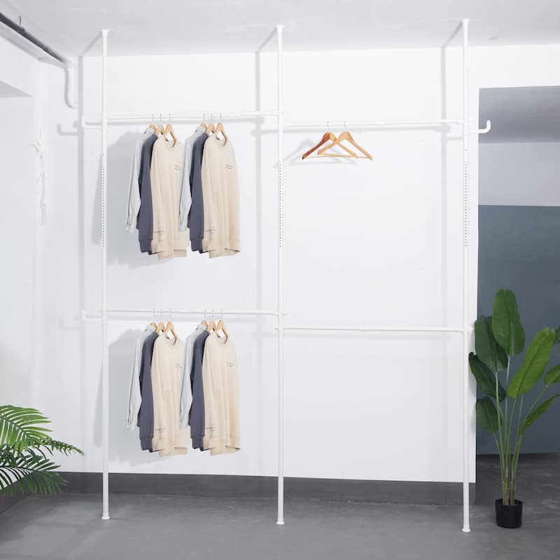Double Clothing Rack, Adjustable Racks for Hanging Clothes, 2 Tier Clothes Heavy Duty Garment White Closet Freestanding System - White