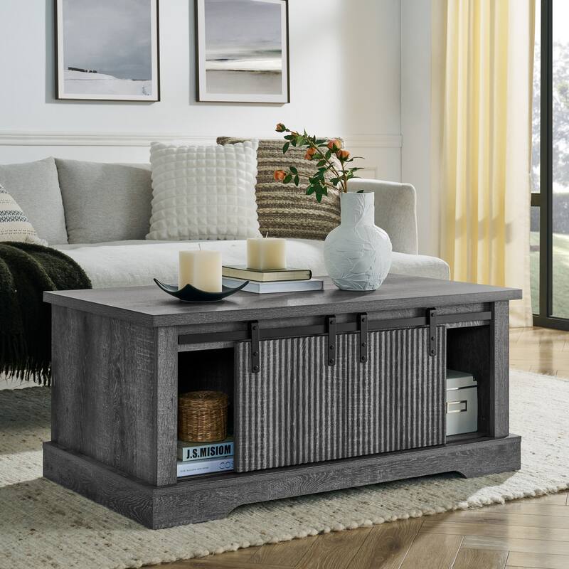 41.3 Inch Coffee Table with Storage and Sliding Wood Door, Farmhouse and Industrial Cocktail Table with Adjustable Shelv