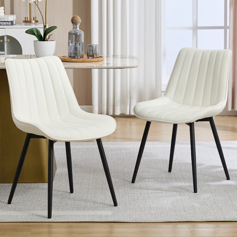 HOMEFUN PU Leather Upholstered Stripes Sturdy Metal Frame Dining Chairs(set of 2) - White