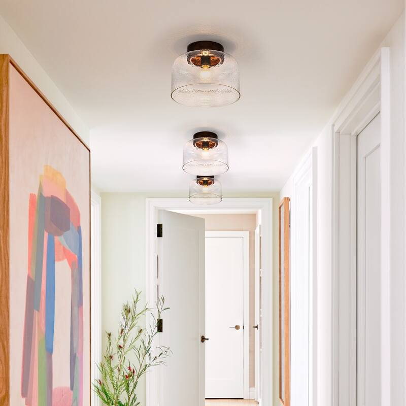 1-Light Wood Flush Mount Ceiling Light with Clear Textured Glass Shade - Dia.11.81-in