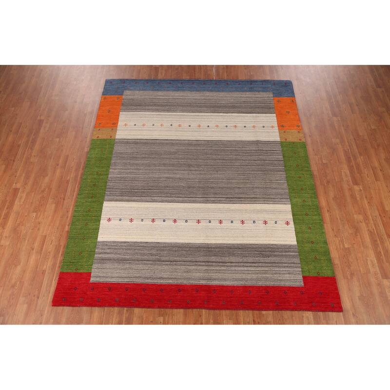 Striped Gabbeh Oriental Area Rug Hand-Knotted Multi-Color Wool Carpet - 8'1" x 9'8"