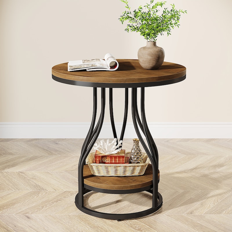Small Round Side End Table with Storage for Living Room - Brown+Black