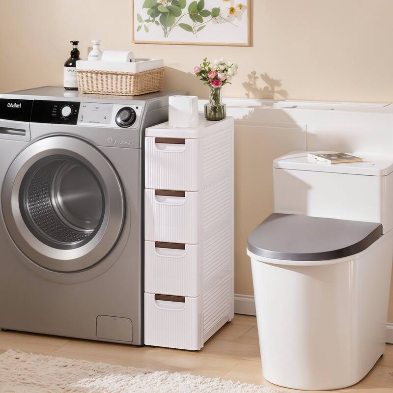 Javlergo White Stripe Narrow Storage Cabinet 3/4/5-Layer Rolling Bathroom Organizer with Drawers Wheels for Bathroom Living Room - 4-Layer - White