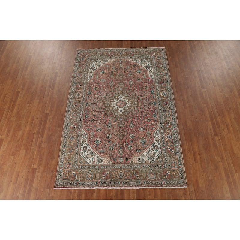 Pink Geometric Tabriz Vintage Persian Area Rug Handmade Wool Carpet - 6'5" x 9'9"