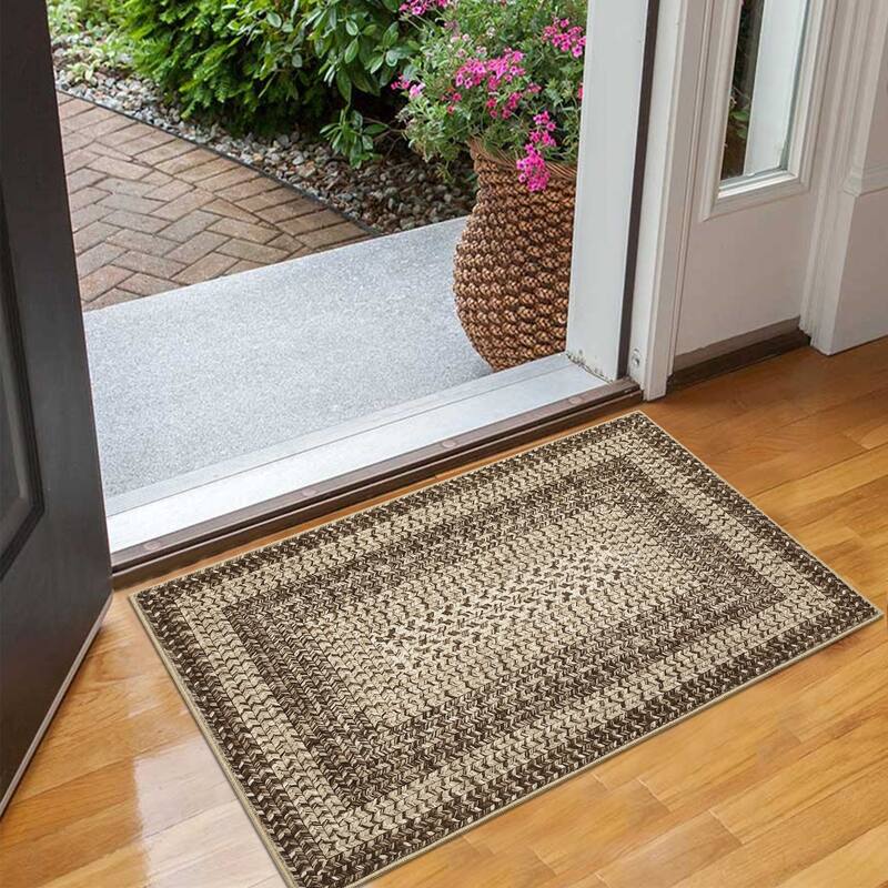 Washable Living Room Rugs Modern Braided Print Area Rug Border Design Accent Rugs for Bedroom Non-Slip Low Pile Area Rug