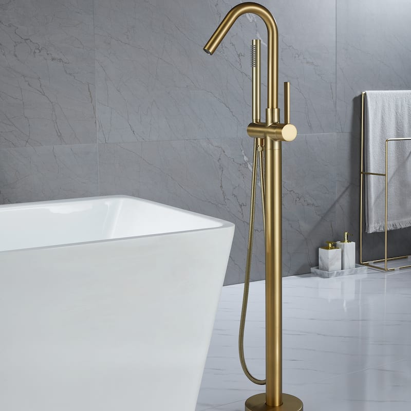 Floor Mounted 45''H Freestanding 360 Swivel Spout Bathtub Tub Filler With Handheld Showerhead - Brushed Gold