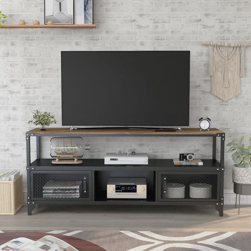 Conner Rustic Black and Dark Walnut 70-inch Steel 2-Shelf TV Console by Furniture of America