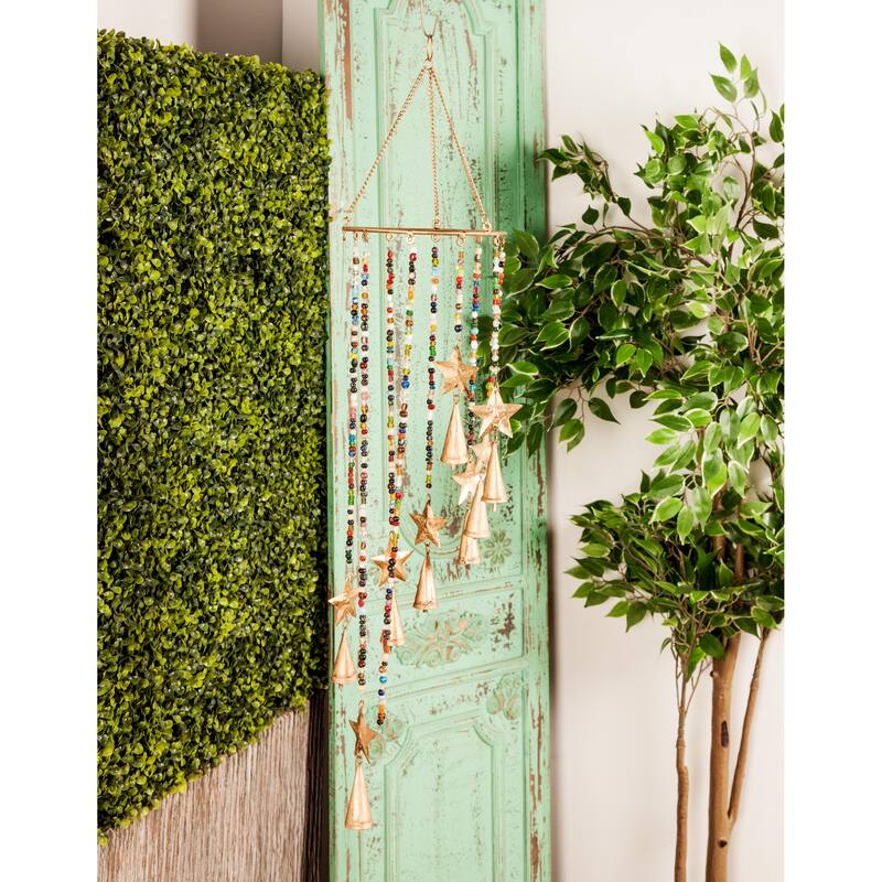 Metal Handmade Sun Stars Indoor Outdoor Windchime with Glass Beads and Cone Bells - Gold - Roche River Decor