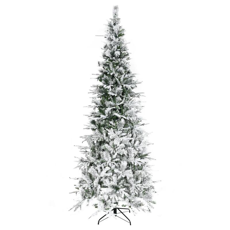 Pre-Lit Snow Flocked Artificial Christmas Tree with Hinged Sections & Metal Stand for Quick Setup, 5ft, 6ft, 8ft, 9ft