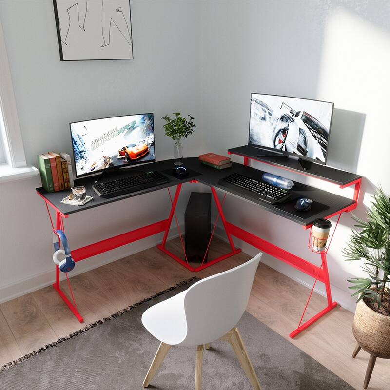 55 Inch Gaming Desk LED L Shaped Computer Corner Desk - 55 inch - Red