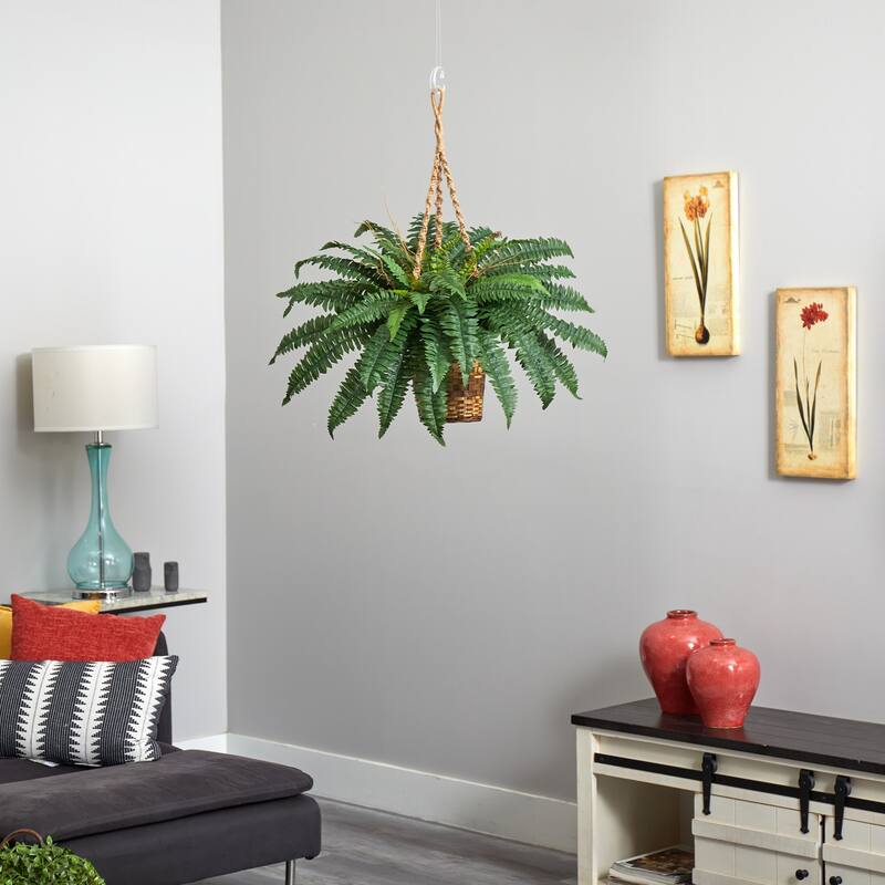 Hanging Fern Basket Indoor Decor - 22" City Chic Greenery - Thick Rope - Home Accent