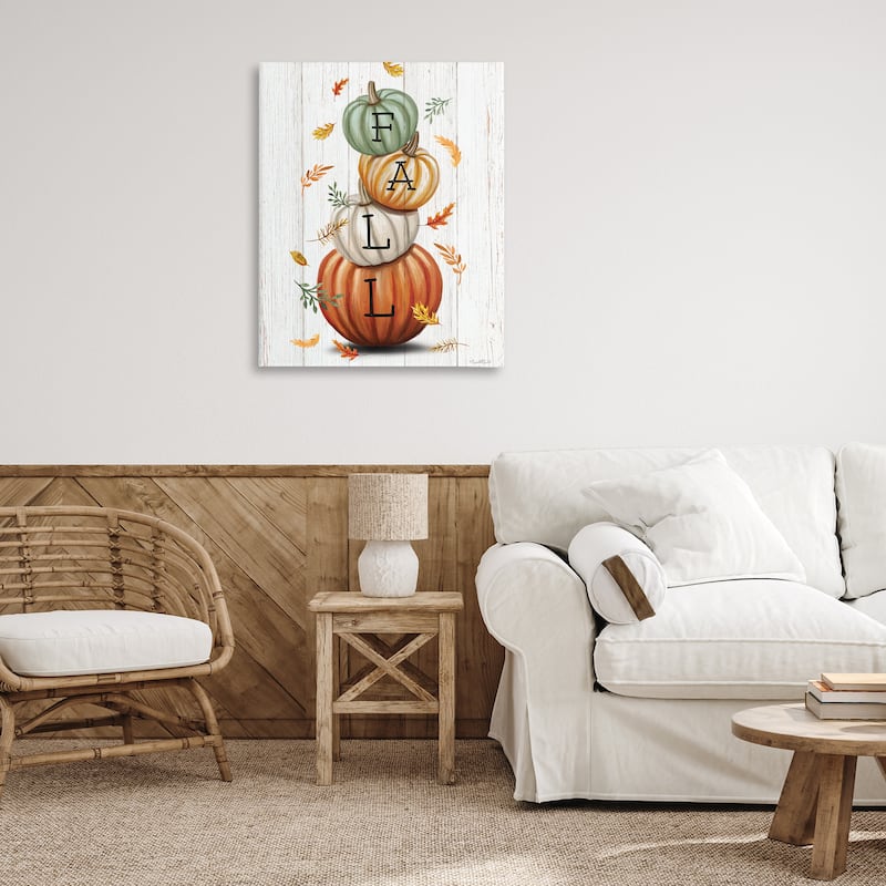 Stupell Falling Leaves & Pumpkin Stack Canvas Wall Art Design By Elizabeth Tyndall