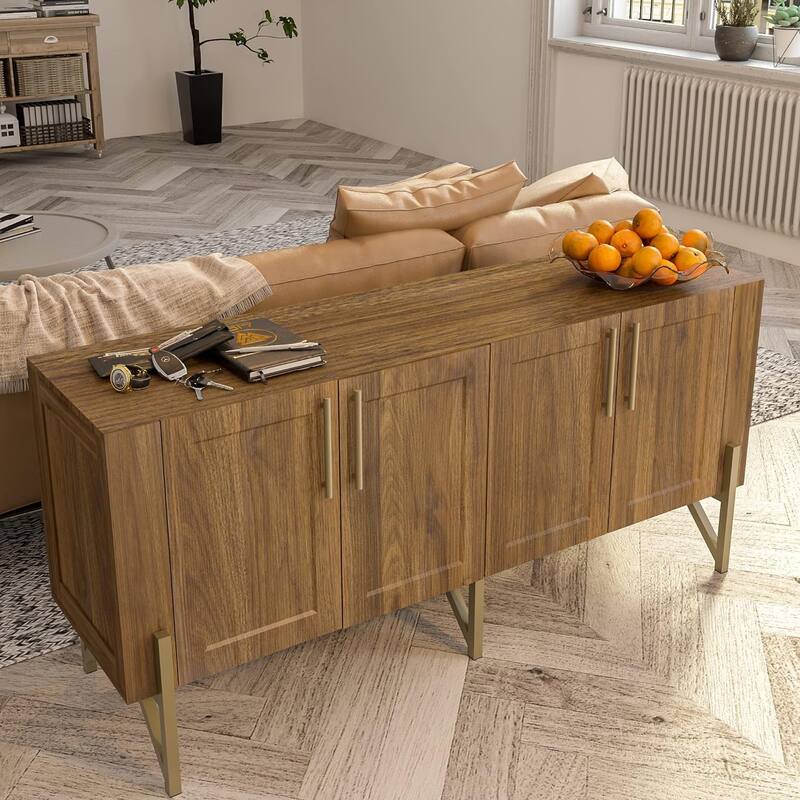 Roomfitters Walnut Finish Mid-century TV Stand Media Console, TV unit Sideboard with Gold Metal Legs - W59"xL17.71"xH27.55"