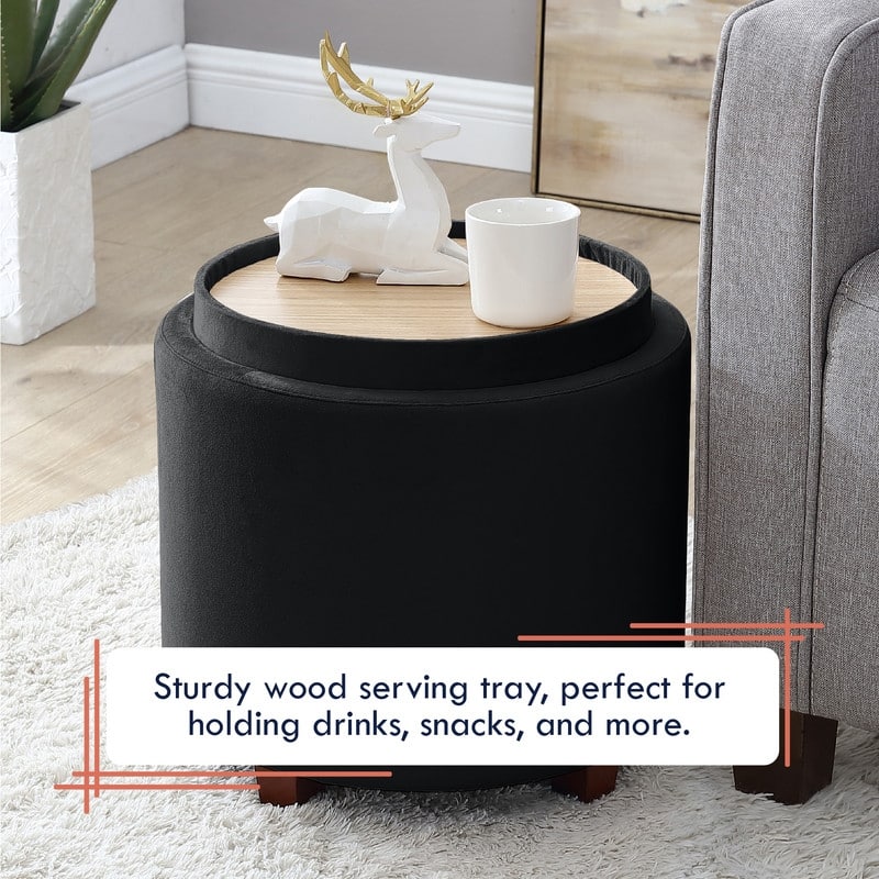 Ornavo Home Lawrence Round Storage Ottoman with Lift Off Lid and Tray Lid Coffee Table