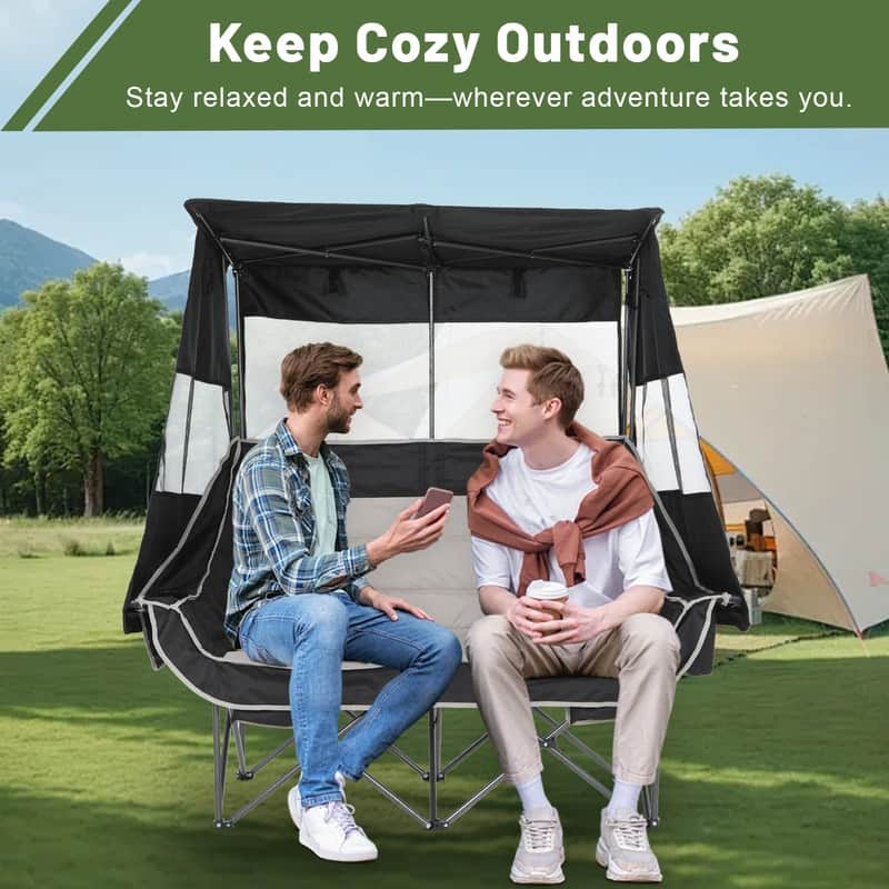 Double Folding Camping Loveseat with Canopy, Cooler, Cup Holders & Storage for Outdoor Activities