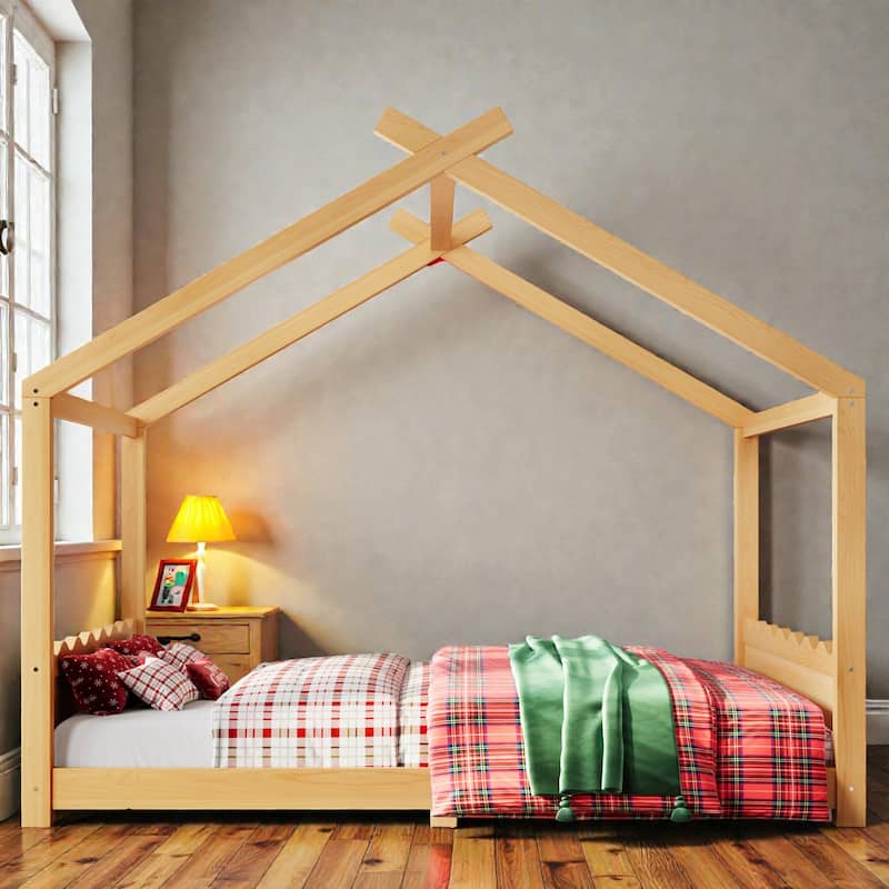 Kids Solid Wood House Floor Bed with Support Slats, Montessori Low Profile Bed, No Box Spring Needed - Natural - Queen