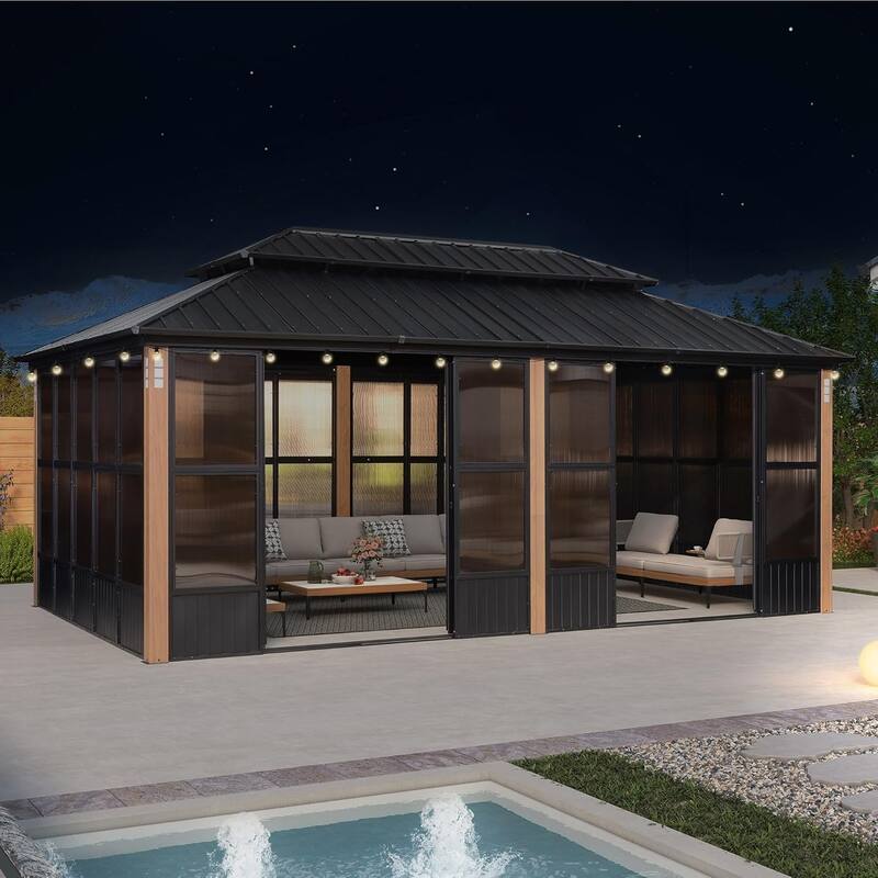 PURPLE LEAF Double Top Outdoor Wood Grain Sunroom All-Weather Screen House Patio Hardtop Gazebo