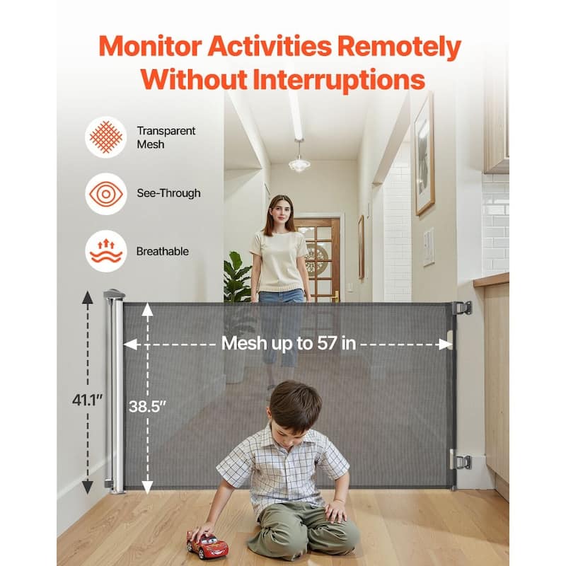 Retractable Baby Gate with Escape-Proof Bottom Hook and Mesh Design for Kids and Pets Safety
