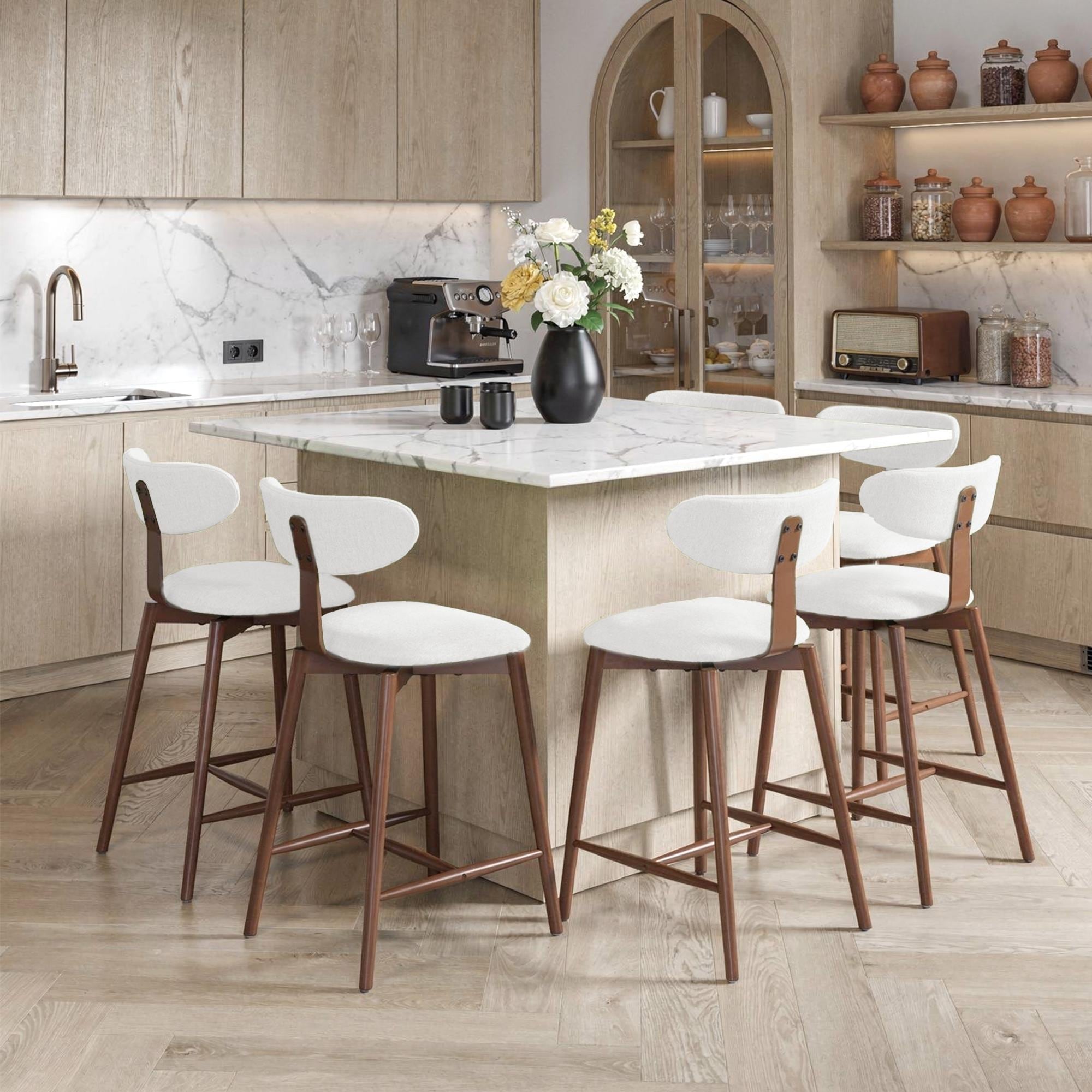 Upholstered Swivel Bar Stool with Wood Legs