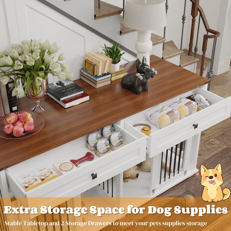 Large Dog Crate Furniture for 2 Dogs, Wooden Dog Kennel with 2 Drawers, Divider & Sliding Door, Indoor Dog Crate End Table