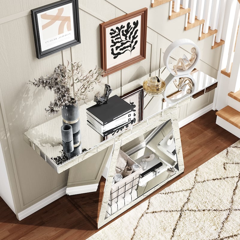 Silver Console Table with Trapezoid Base, Full-Body Mirror Entryway Table