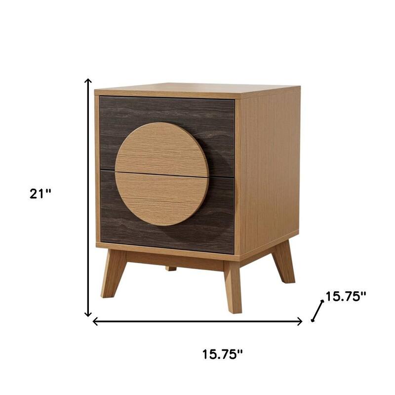 HomeRoots 21" Oak And Dark Brown Solid Wood Square Two Drawer Nightstand